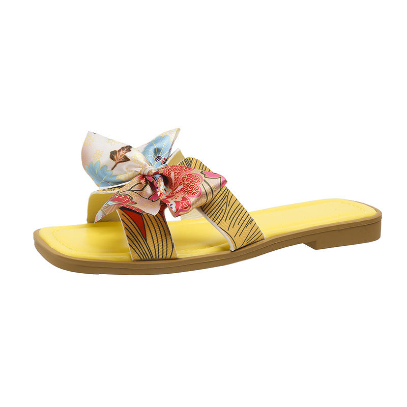 Ribbon Bow Sandals Summer New Square Toe Low Heel Sandal For Women Slides Fashion Casual Beach Shoes