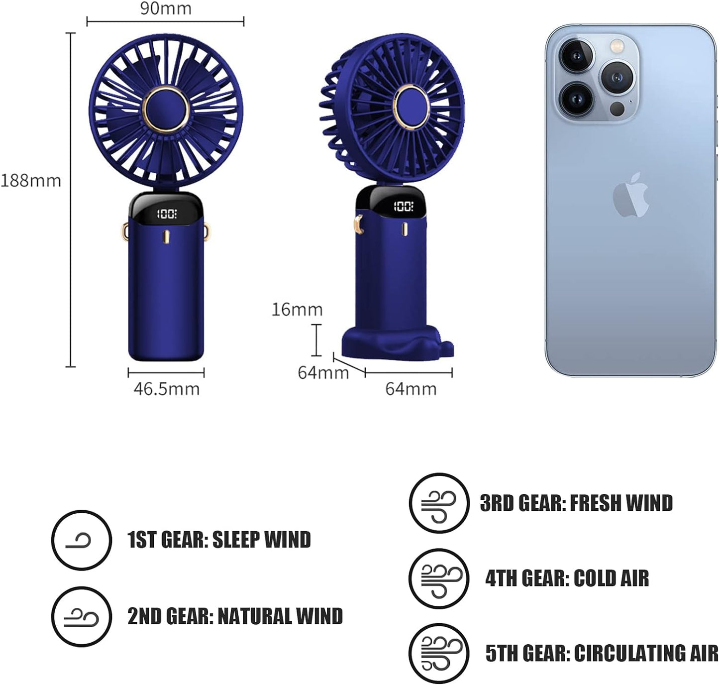 Handheld Fan, Foldable Desk Desktop Fans with LED Display for Home Office Bedroom Outdoor Travel, Battery Operated